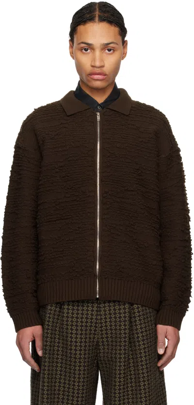 Yoke Brown Random Jacquard Front Zip Cardigan