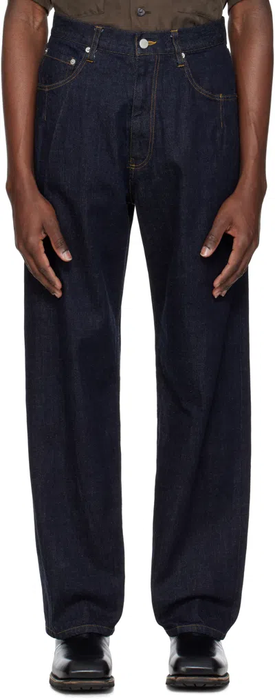 Yoke Navy Wide Straight 5p Jeans In Indigo