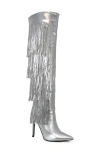 Yoki Nayla Sequin Fringe Knee High Boot In Silver