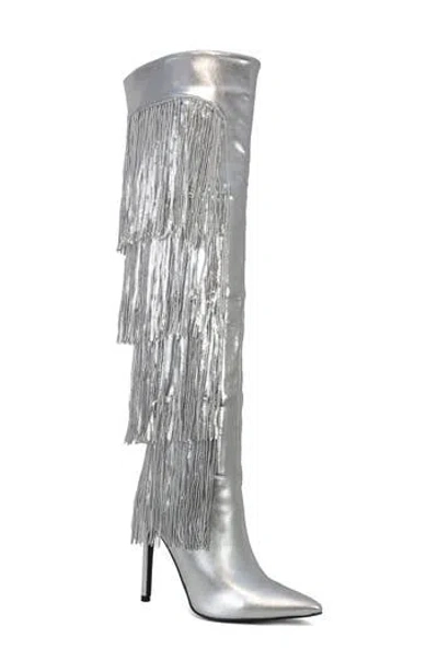 Yoki Nayla Sequin Fringe Knee High Boot In Silver