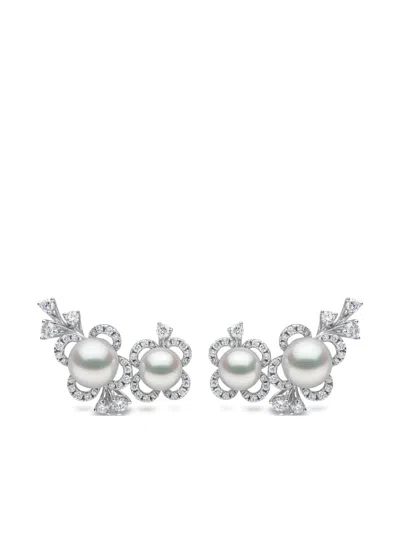Yoko London 18k White Gold Petal Akoya-pearl And Diamond Earrings In Silver
