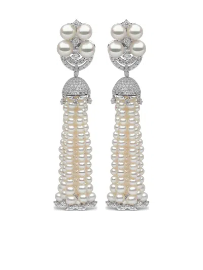 Yoko London 18k White Gold Tassel Pearl And Diamond Earrings In Silver