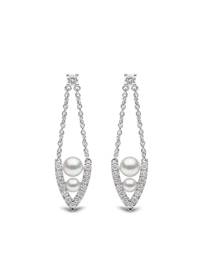 Yoko London 18kt White Gold Diamond Pearl Sleek Earrings In Silver