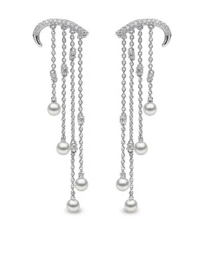 Yoko London 18kt White Gold Sleek Akoya Pearl And Diamond Earrings In Silver