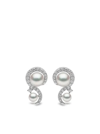Yoko London 18kt White Gold Trend Freshwater Pearl And Diamond Stud Earrings In Silver