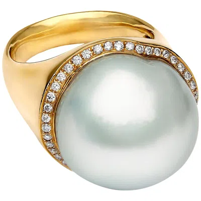 Pre-owned Yoko London Baroque South Sea Pearl And Diamond Ring Set In 18 Karat Yellow Gold