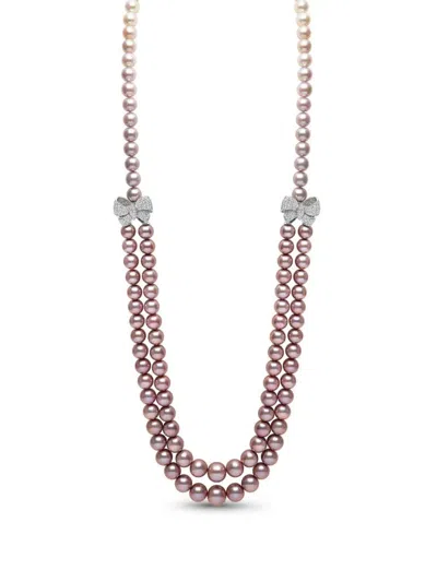 Yoko London Diamond Pearl Bow Necklace In Pink