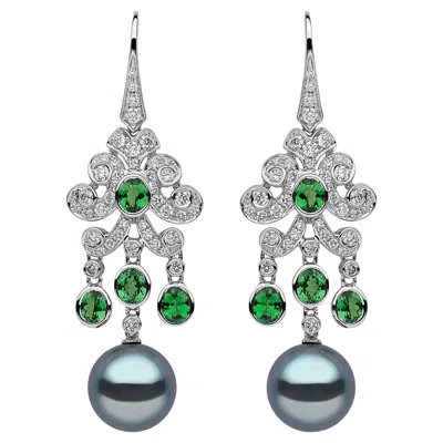 Pre-owned Yoko London Grey Tahitian Pearl, Tsavorite Garnet And Diamond 18k Gold Earrings In Gray