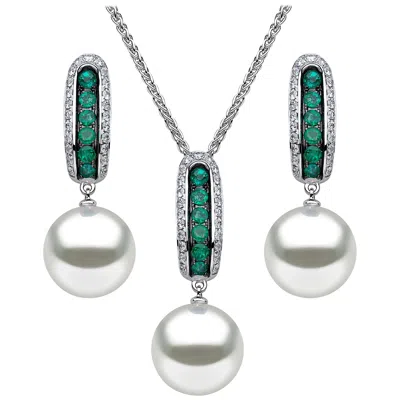 Pre-owned Yoko London South Sea Pearl, Emerald And Diamond Pendant And Earring In 18k Gold In Green