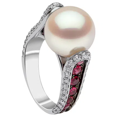 Pre-owned Yoko London South Sea Pearl, Ruby And Diamond Ring In 18 Karat White Gold