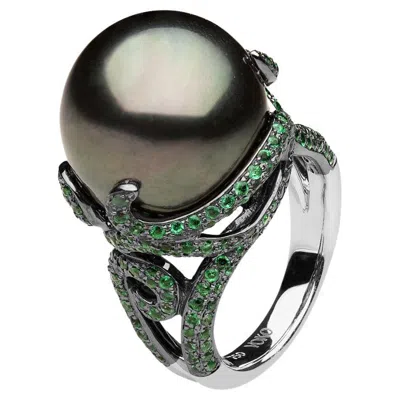 Pre-owned Yoko London Tahitian Pearl And Emerald Ring In 18 Karat White Gold