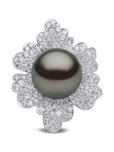 Yoko London Tahitian Pearl Diamond Flower Ring In Silver