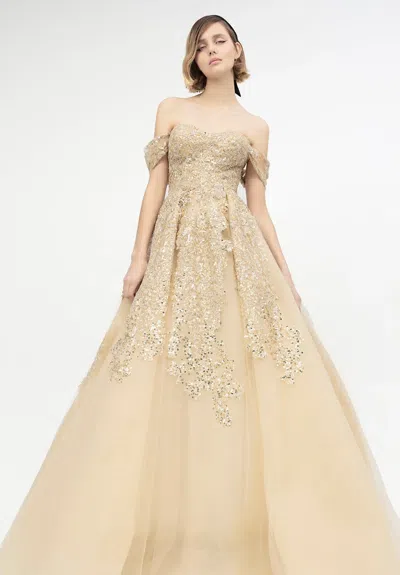 Yolancris Banded Sleeve Off Shoulder Gown In Gold