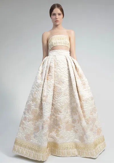 Yolancris Brocade Crop Top With Skirt In Gold