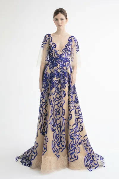 Yolancris Cape Sleeve Embroidered A-line Gown In Blue
