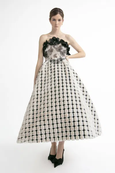 Yolancris Checkered Strapless Midi Dress In Ivory