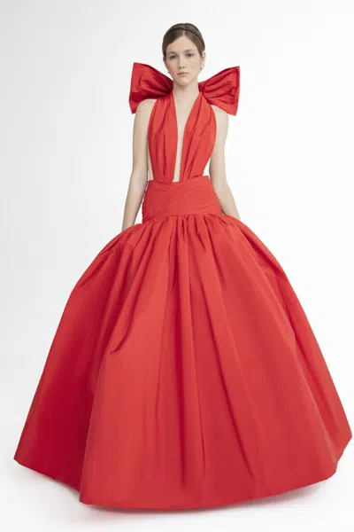 Yolancris Dropped Waist Ball Gown In Red
