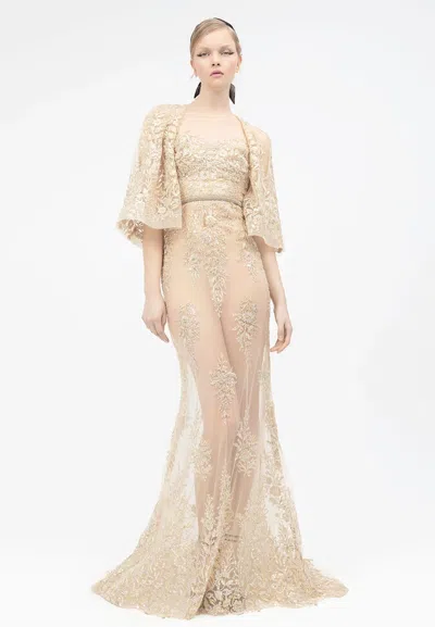 Yolancris Embroidered Tulle Gown With Flared Sleeves In Beige