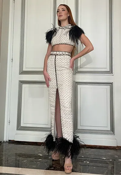 Yolancris Feathered Crop Top With Skirt In Ivory