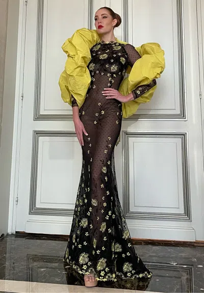 Yolancris Floral Guipure Gown With Shawl In Black
