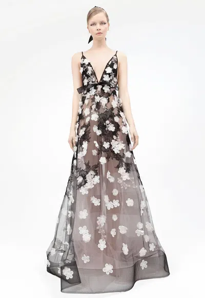 Yolancris Floral Guipure Illusion Gown In Black