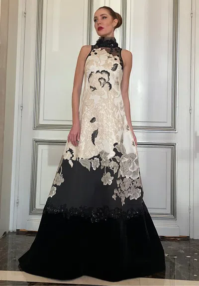 Yolancris Floral Guipure Sleeveless Gown In Black