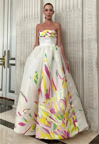 Yolancris Floral Printed Organza Gown In Ivory