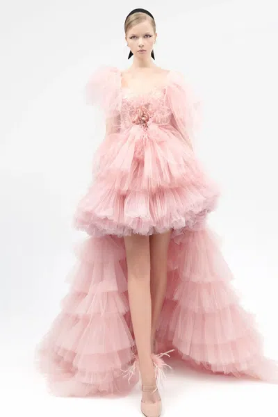 Yolancris French Lace Bodice Fully Pleated Gown In Pink
