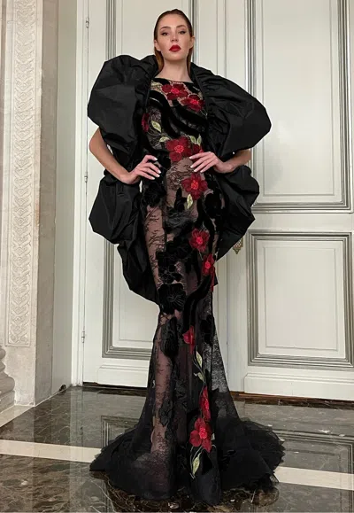 Yolancris French Lace Gown With Shawl In Black