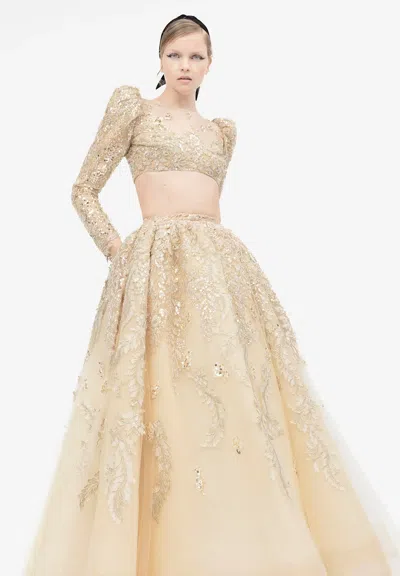 Yolancris Fully Beaded Crop Top With Skirt In Gold