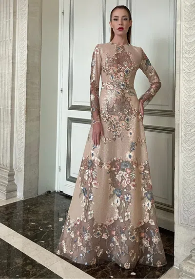 Yolancris Long Sleeve A-line Embroidered Gown In Beige