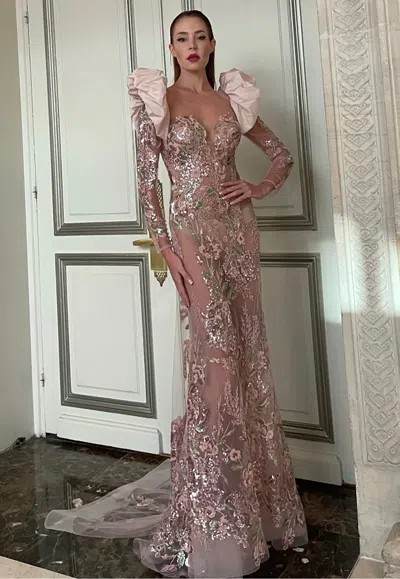 Yolancris Long Sleeve Floral Embroidered Gown In Pink