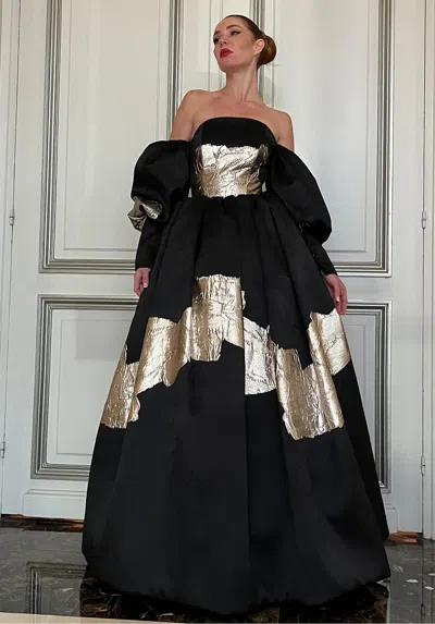 Yolancris Off Shoulder Brocade Ball Gown In Black
