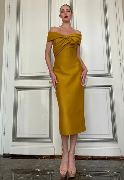 Yolancris Off Shoulder Knotted Midi Dress In Yellow