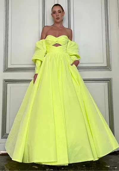 Yolancris Off The Shoulder Taffeta Gown In Yellow