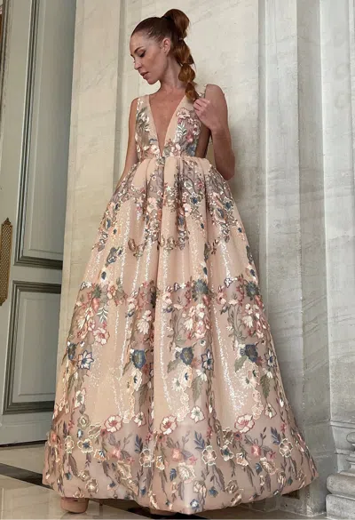 Yolancris Plunging Neckline Floral Embroidered Gown In Beige