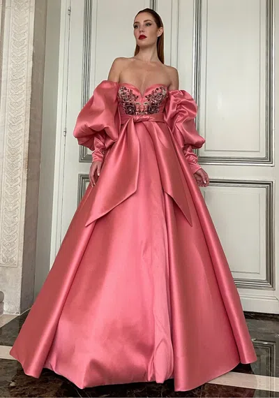 Yolancris Puff Sleeve Satin Ball Gown In Pink