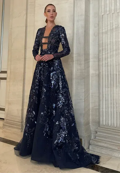 Yolancris Rhinestone Beaded Long Sleeve Gown In Blue