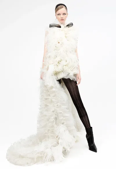 Yolancris Ruffled Tulle And Feather Dress In Ivory