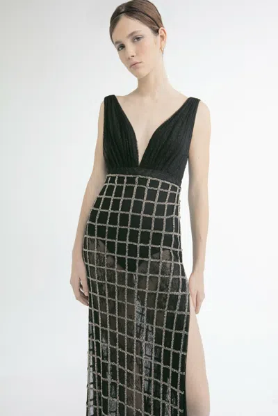 Yolancris Sleeveless Embellished Gown With Ruched Bodice