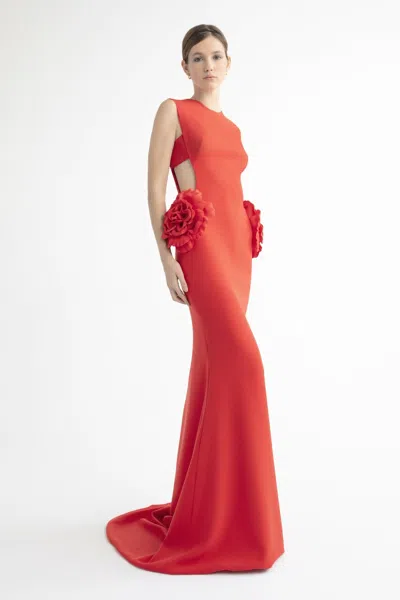 Yolancris Sleeveless Floral Cutout Gown In Red