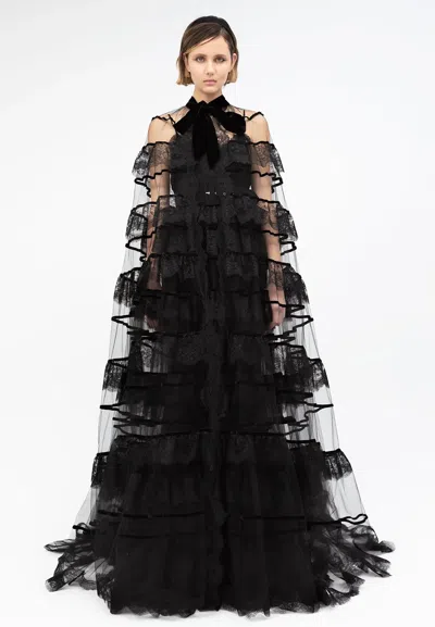 Yolancris Sleeveless Tulle Gown With Removable Cape In Black