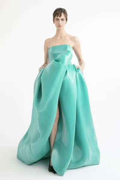 Yolancris Strapless Draped Skirt Slit Gown In Blue