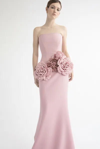 Yolancris Strapless Gown With A Floral Waist In Pink