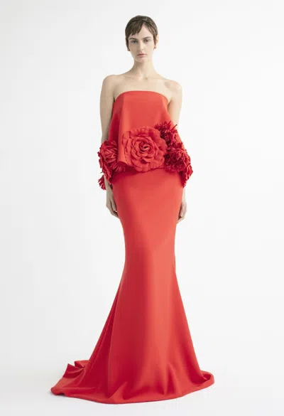 Yolancris Strapless Gown With Oversized Florals In Orange