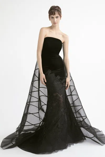 Yolancris Strapless Gown With Sweeping Tail In Black