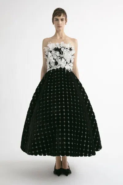Yolancris Strapless Midi Dress With Floral Bodice In Black