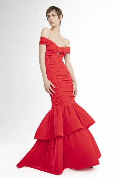 Yolancris Strapless Ruched Dropped Waist Gown In Red