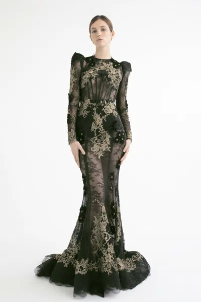 Yolancris Structured Shoulder Flared Gown In Black