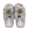 Yomisma Women's Faux Fur Slippers - Global Recycled Standard Certified With Grey Tourmaline Jewel Embellishm In Grey